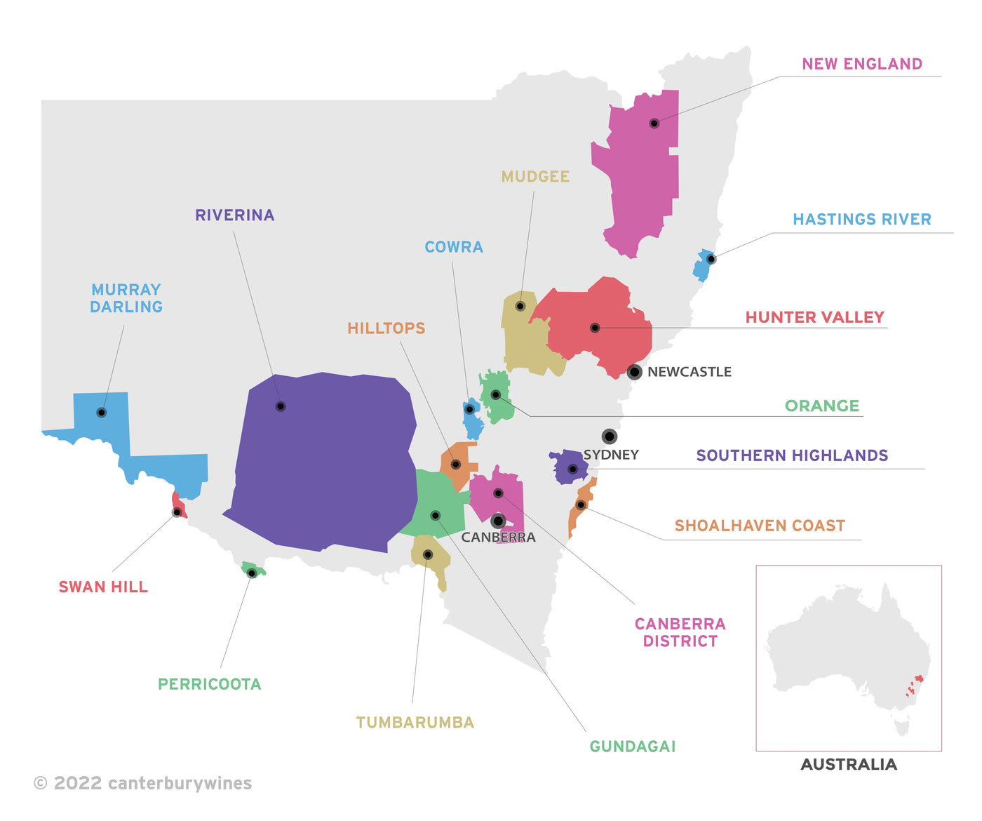 Wine region map of New South Wales
